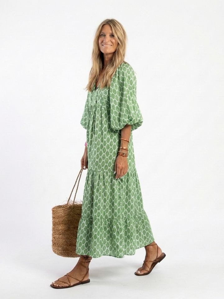 Apolline | Women's V-Neck Three-Quarter Sleeve Tiered Midi Dress