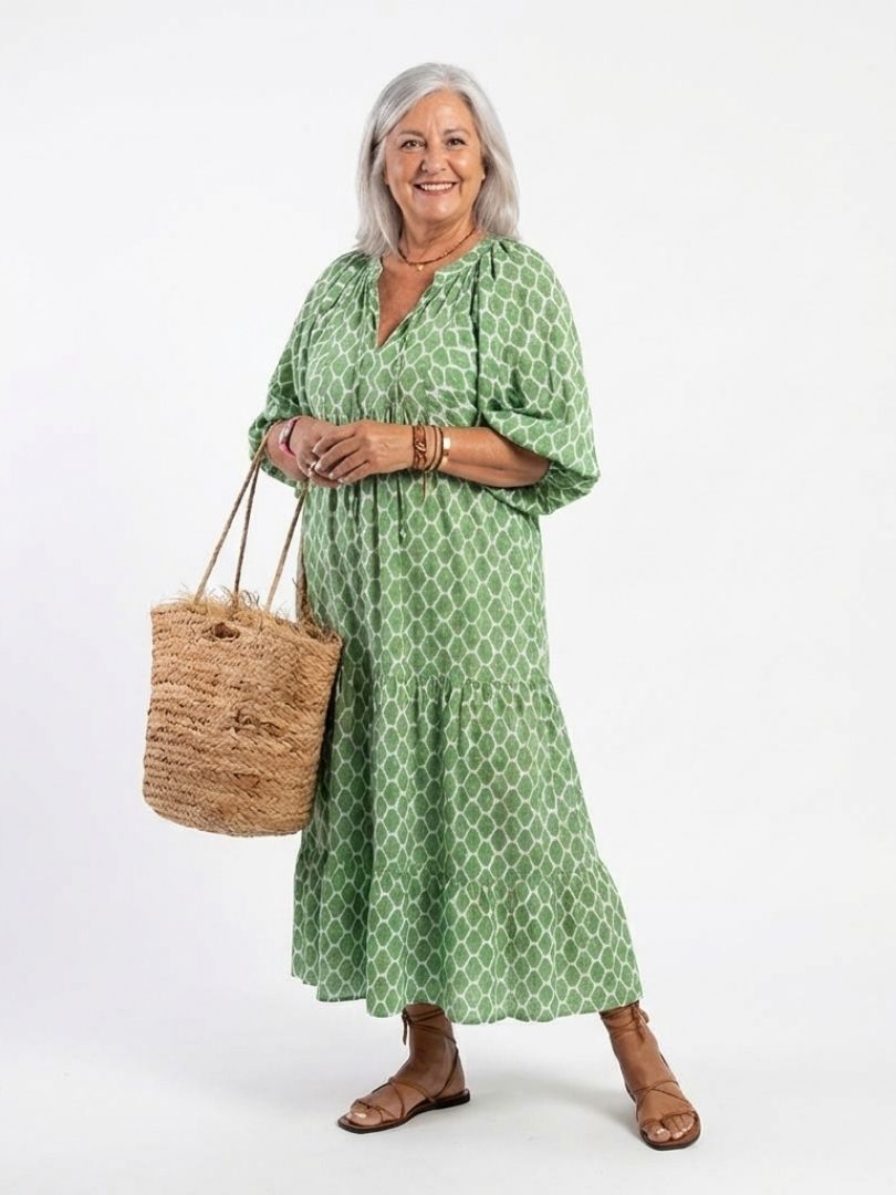 Apolline | Women's V-Neck Three-Quarter Sleeve Tiered Midi Dress