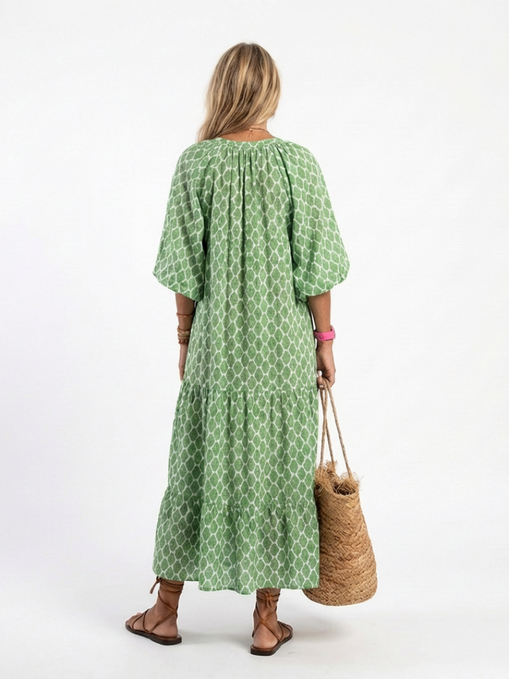 Apolline | Women's V-Neck Three-Quarter Sleeve Tiered Midi Dress