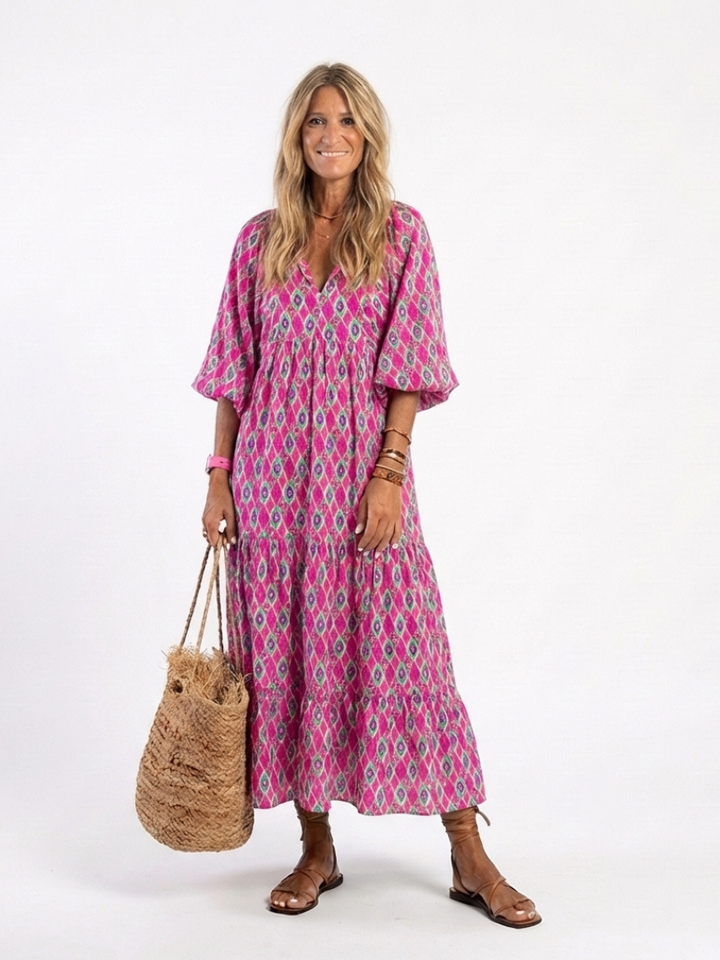 Apolline | Women's V-Neck Three-Quarter Sleeve Tiered Midi Dress
