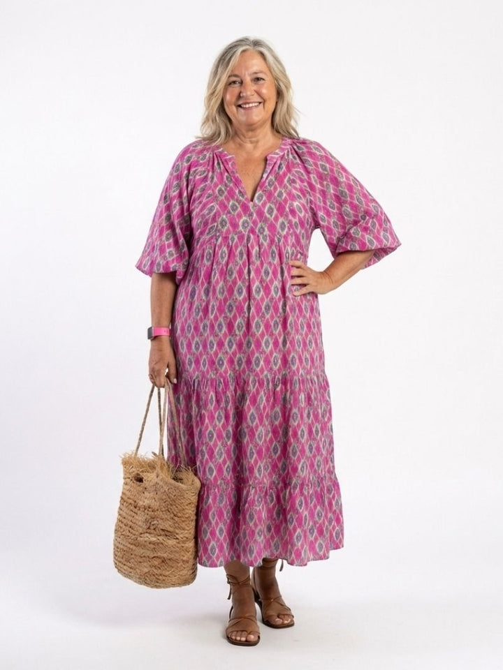 Apolline | Women's V-Neck Three-Quarter Sleeve Tiered Midi Dress