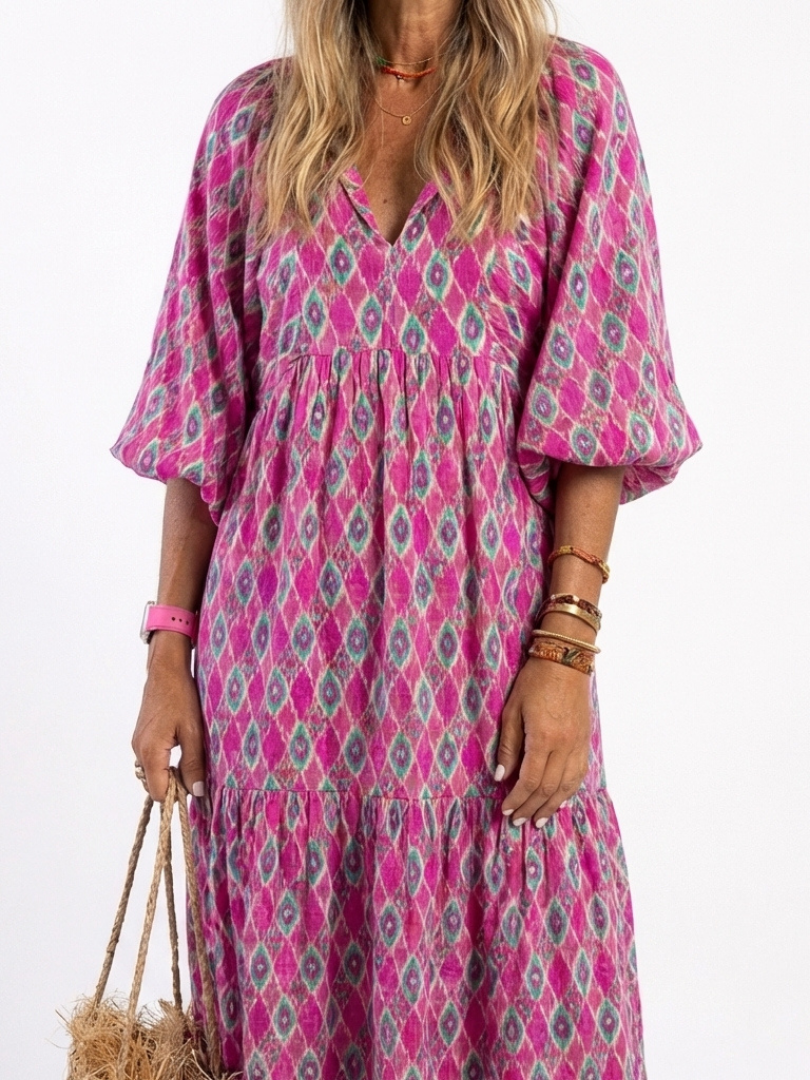 Apolline | Women's V-Neck Three-Quarter Sleeve Tiered Midi Dress