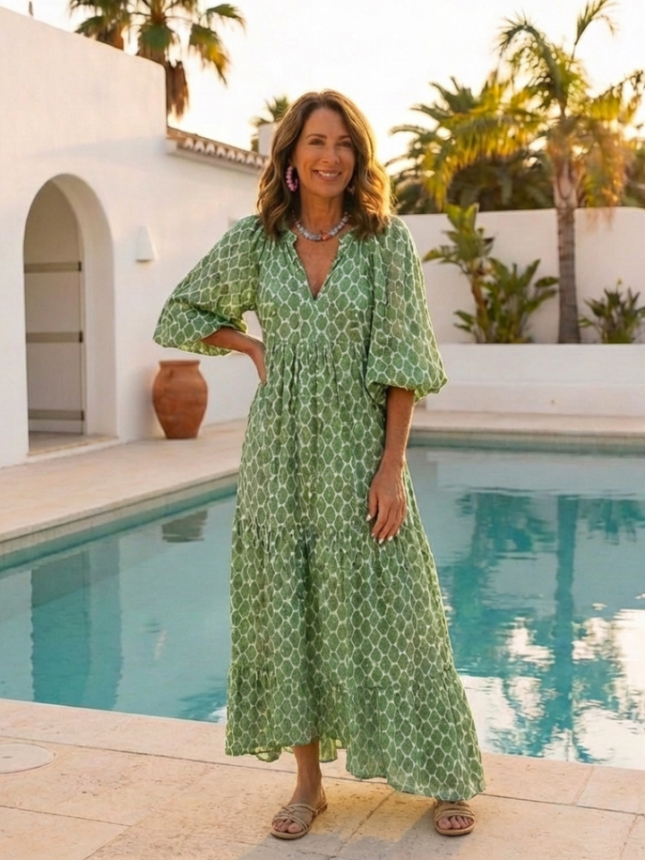 Apolline | Women's V-Neck Three-Quarter Sleeve Tiered Midi Dress