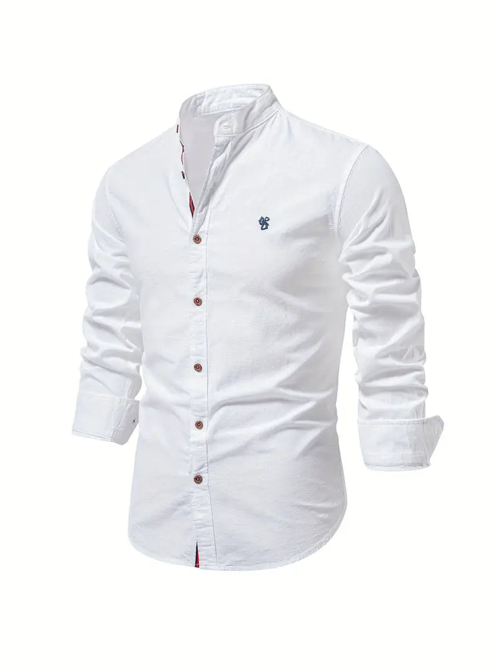 Men's Long Sleeve Button-Front Shirt with Band Collar and Chest Emblem