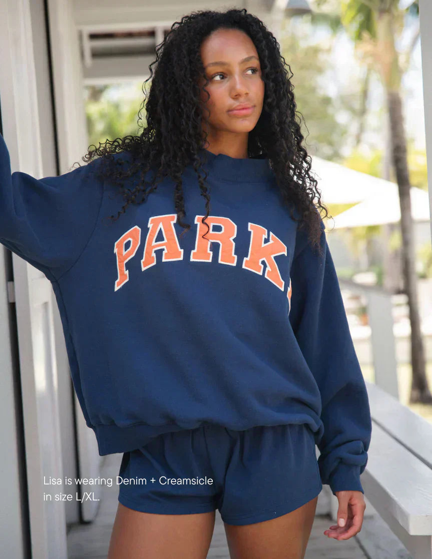 Varsity Oversized Sweatshirt Denim Blue with Orange Letters