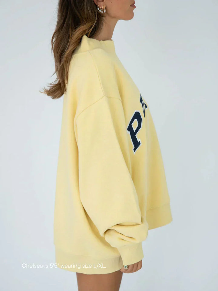 Varsity Mockneck Pastel Yellow with Navy Letters