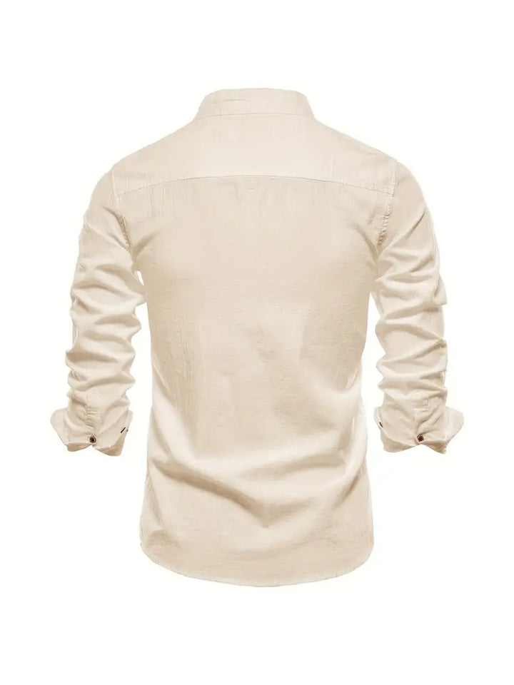 Men's Long Sleeve Button-Front Shirt with Band Collar and Chest Emblem