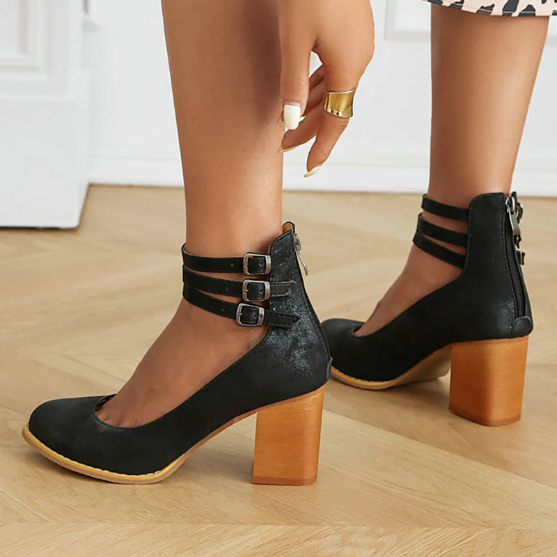 Casilda | Smooth Sandals with Ankle Strap and Thick Heel