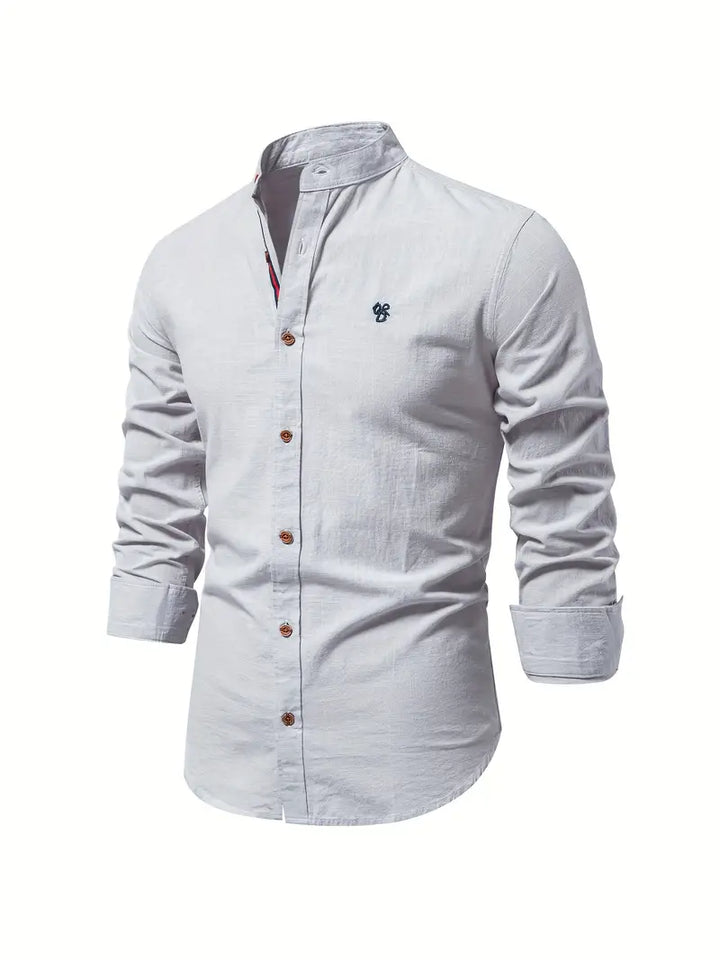 Men's Long Sleeve Button-Front Shirt with Band Collar and Chest Emblem
