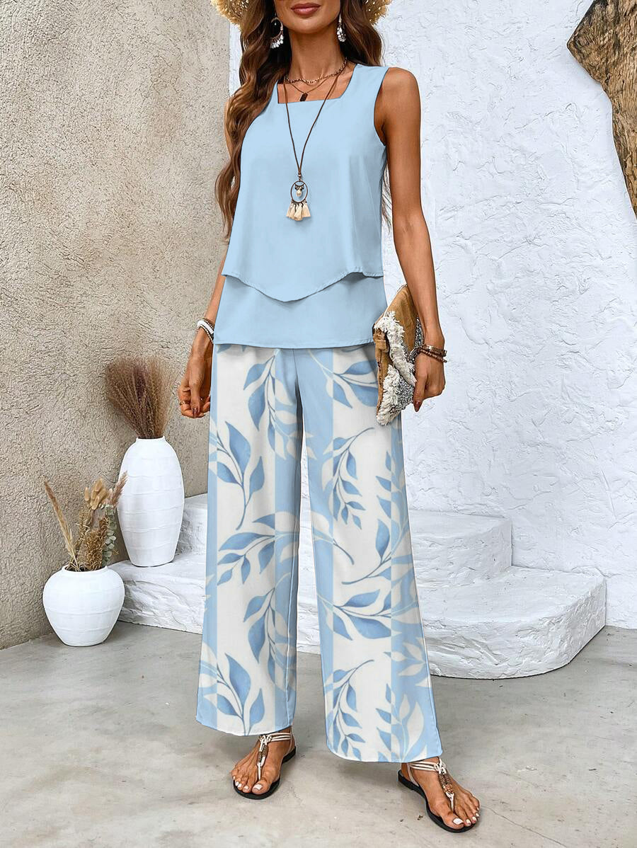 Beatrice | Women's Printed Round-Neck Top Wide-Leg Pants Set