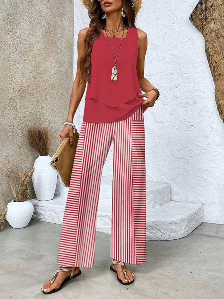 Beatrice | Women's Printed Round-Neck Top Wide-Leg Pants Set