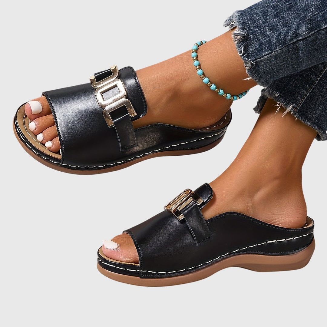 Beatrice | Women's Sleek Open-Toe Gold Buckle Sandals