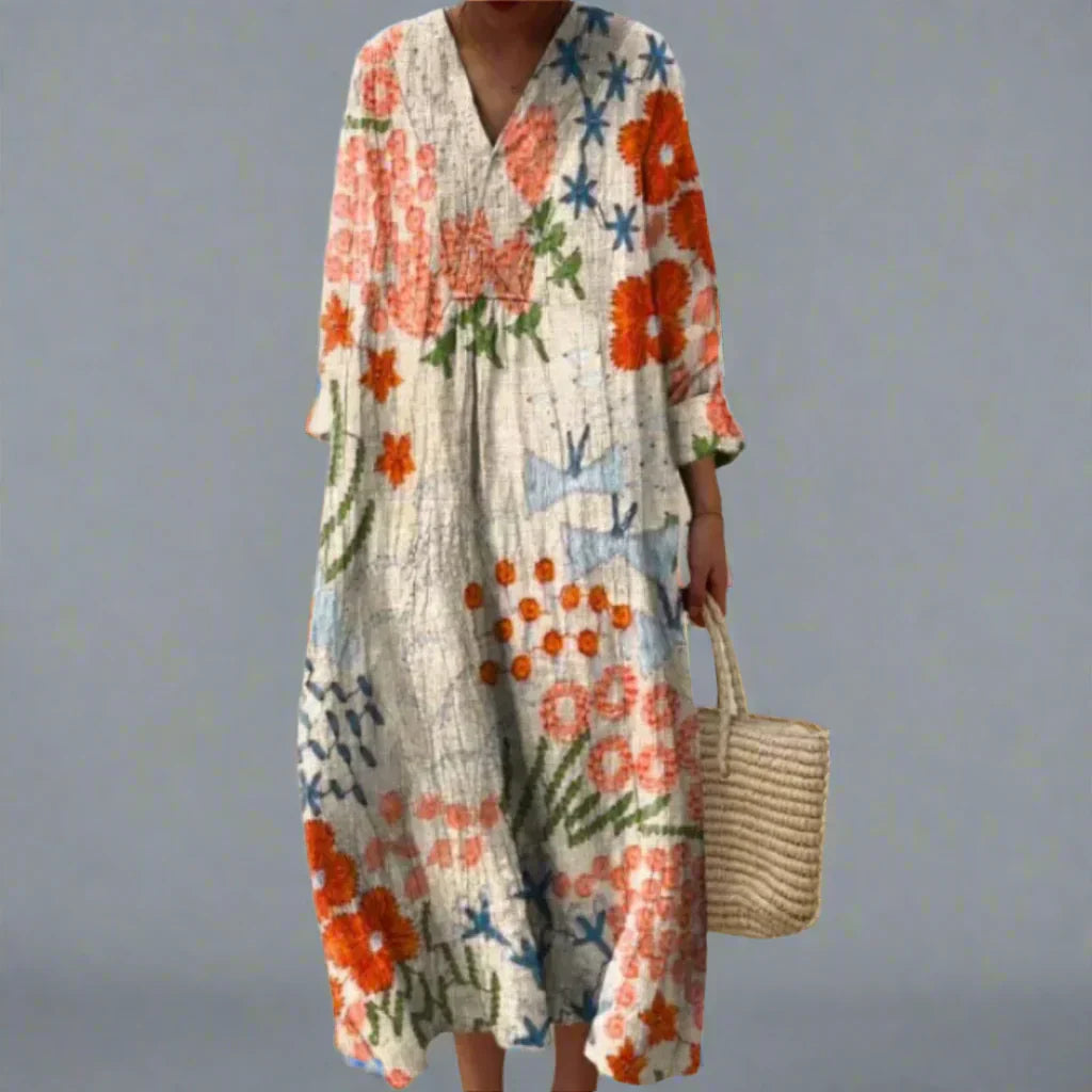 Beatrix | Women's Abstract Floral V-Neck Long-Sleeve Midi Dress