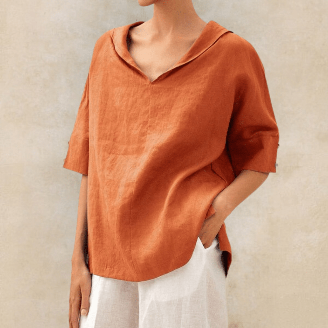 Berdine | Women's Casual Woven Linen Collared V-Neck Tunic Top