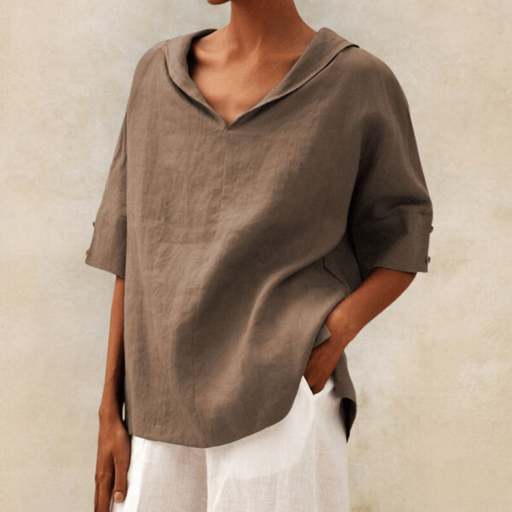 Berdine | Women's Casual Woven Linen Collared V-Neck Tunic Top