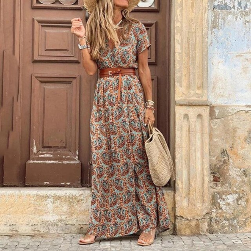 Betina | Women's Bohemian V-Neck Short Sleeve Maxi Dress