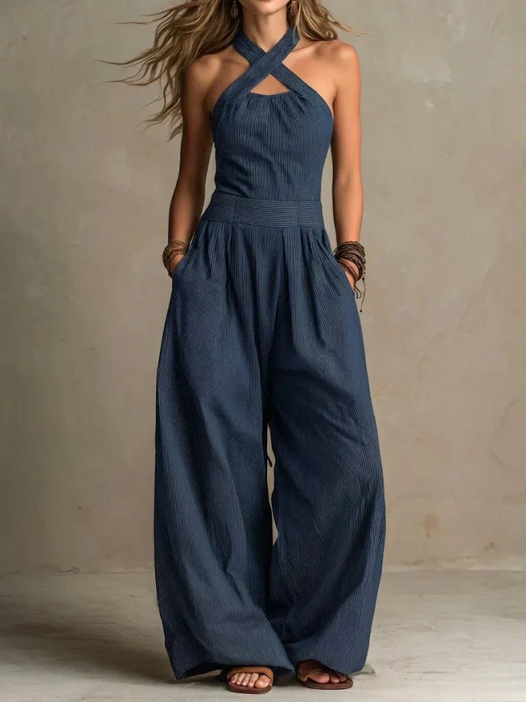 Bianca | Women's Elegant Cross-Over Neckline Linen Jumpsuit