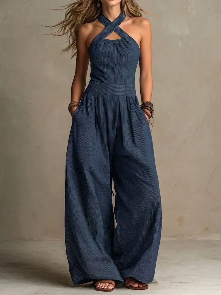 Bianca | Women's Elegant Cross-Over Neckline Linen Jumpsuit