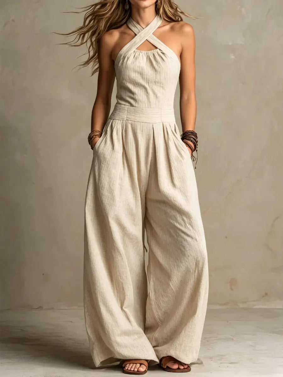 Bianca | Women's Elegant Cross-Over Neckline Linen Jumpsuit