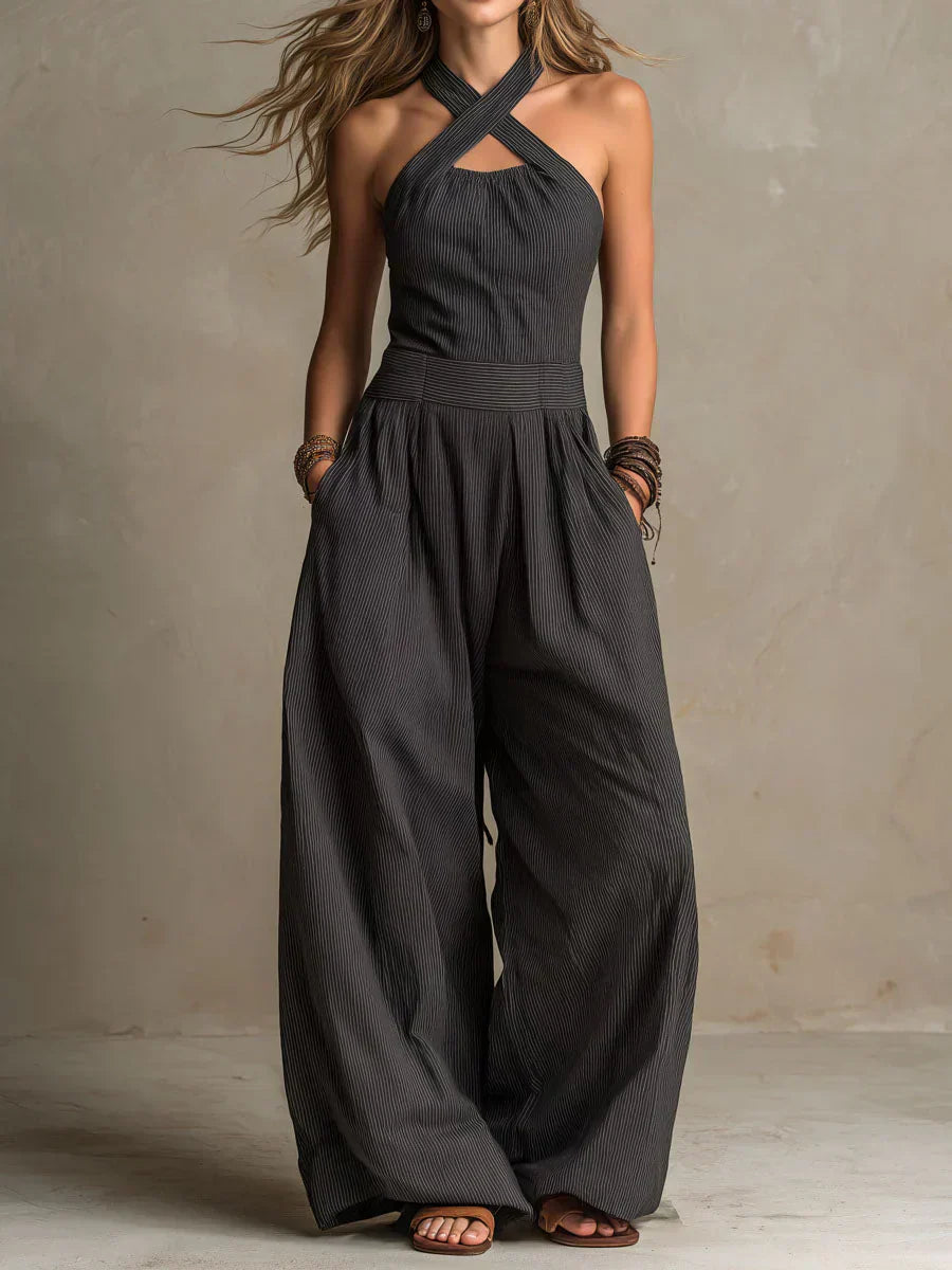 Bianca | Women's Elegant Cross-Over Neckline Linen Jumpsuit
