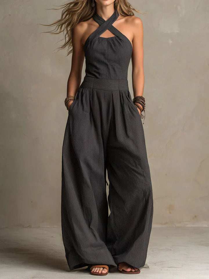 Bianca | Women's Elegant Cross-Over Neckline Linen Jumpsuit