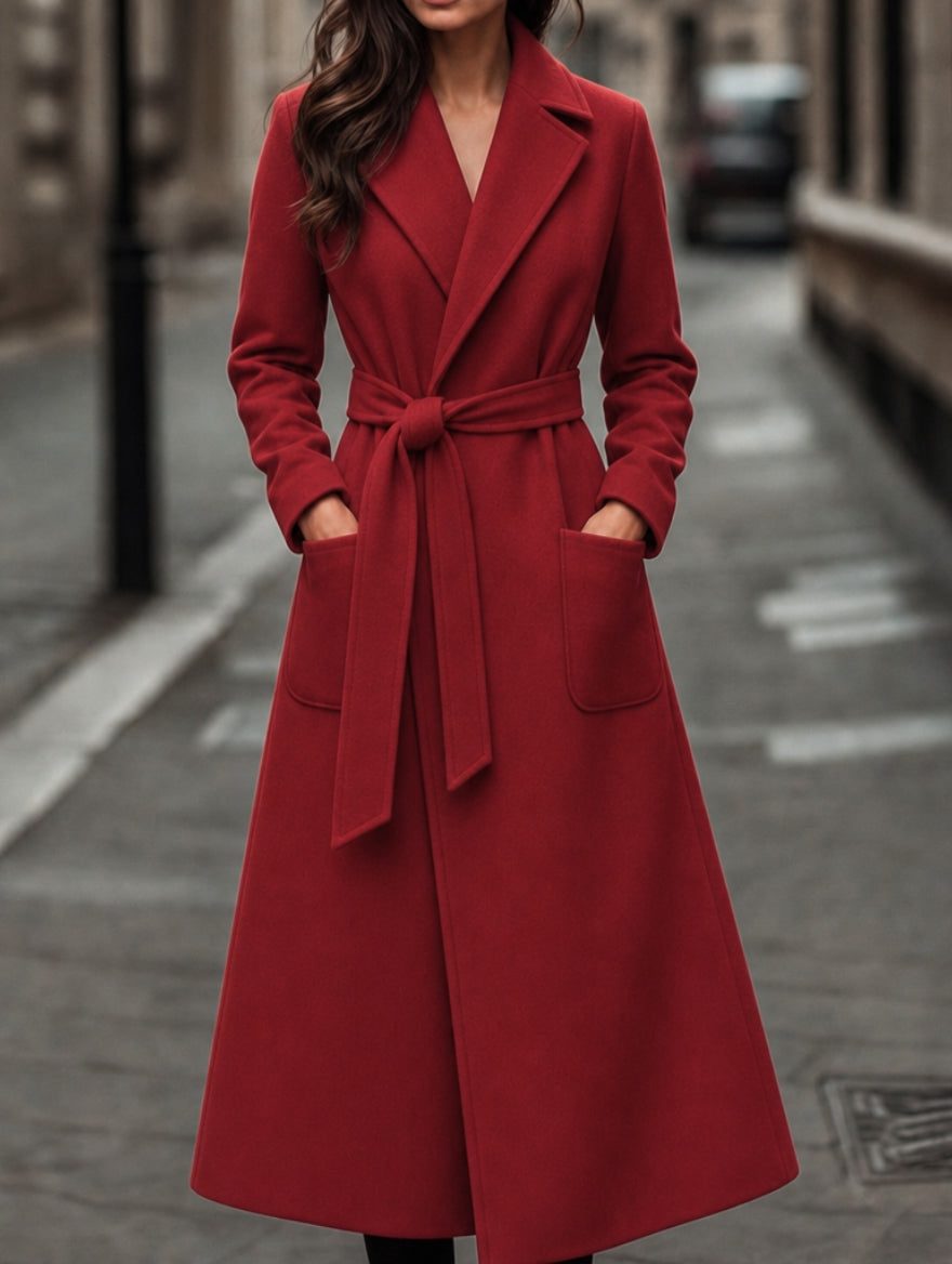 Maud | Women's Belted Longline Coat with Notch Lapel and Patch Pockets