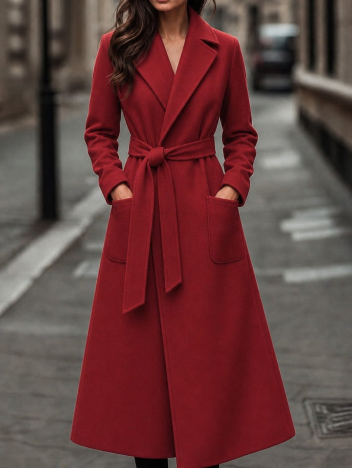 Maud | Women's Belted Longline Coat with Notch Lapel and Patch Pockets