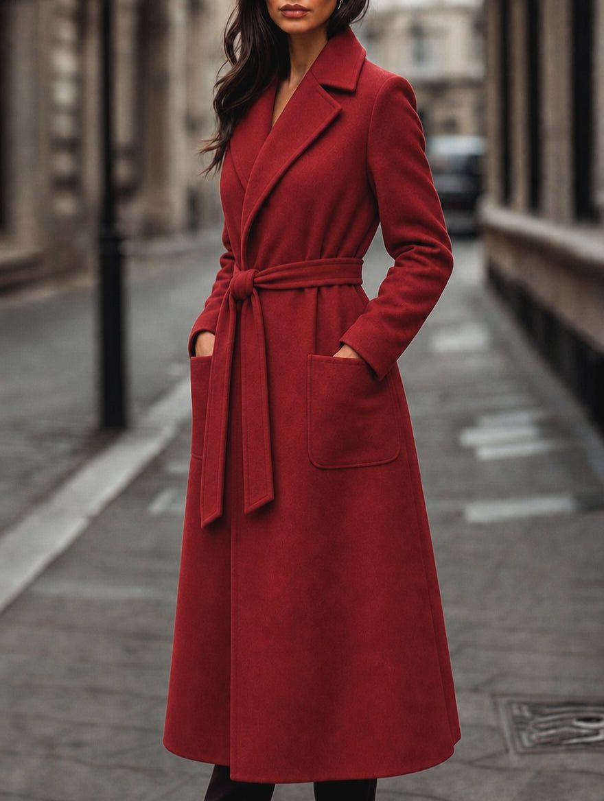 Maud | Women's Belted Longline Coat with Notch Lapel and Patch Pockets