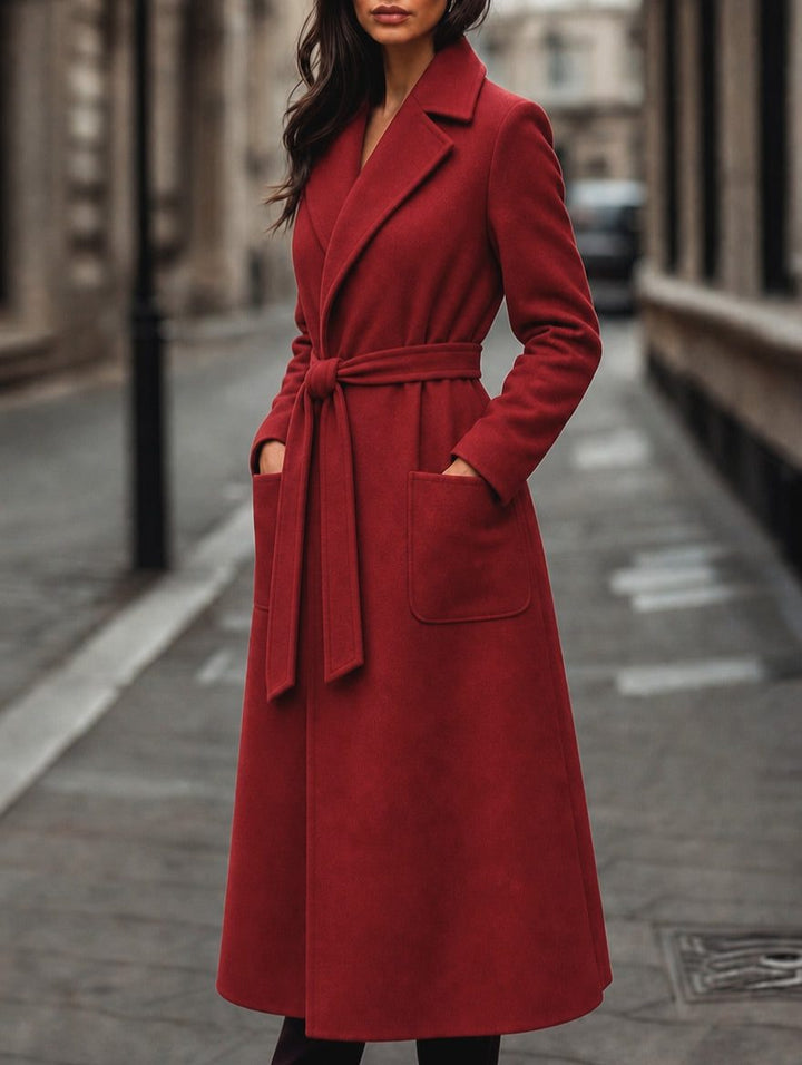 Maud | Women's Belted Longline Coat with Notch Lapel and Patch Pockets
