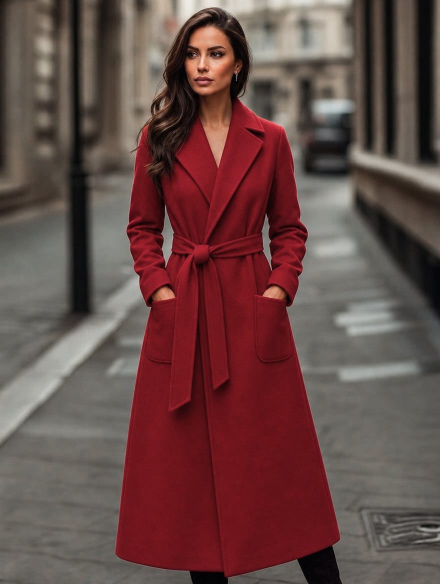 Maud | Women's Belted Longline Coat with Notch Lapel and Patch Pockets