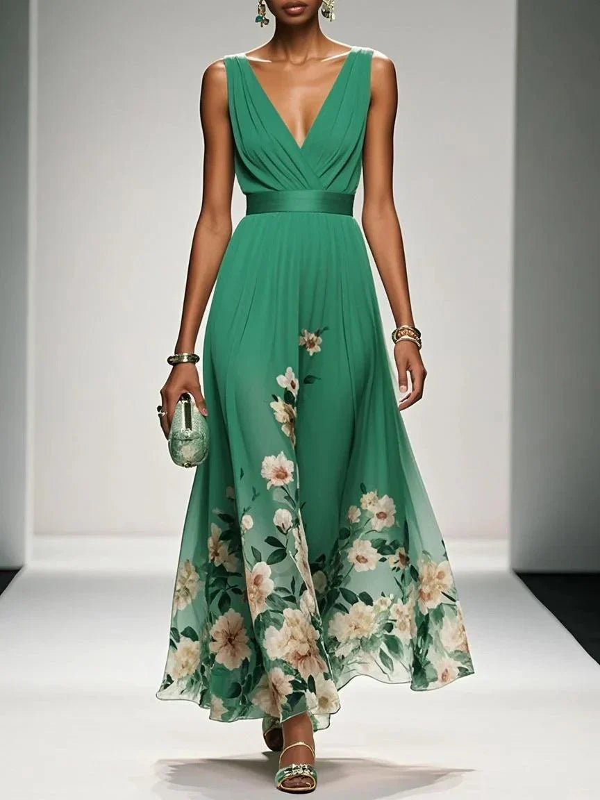 Women's Sleeveless V-Neck Floral Maxi Dress with Wide Shoulder Straps and Waistband Seam