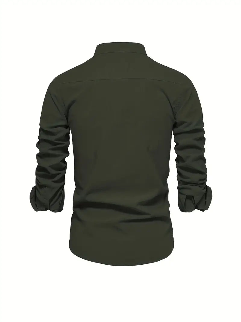 Men's Long Sleeve Button-Front Shirt with Band Collar and Chest Emblem