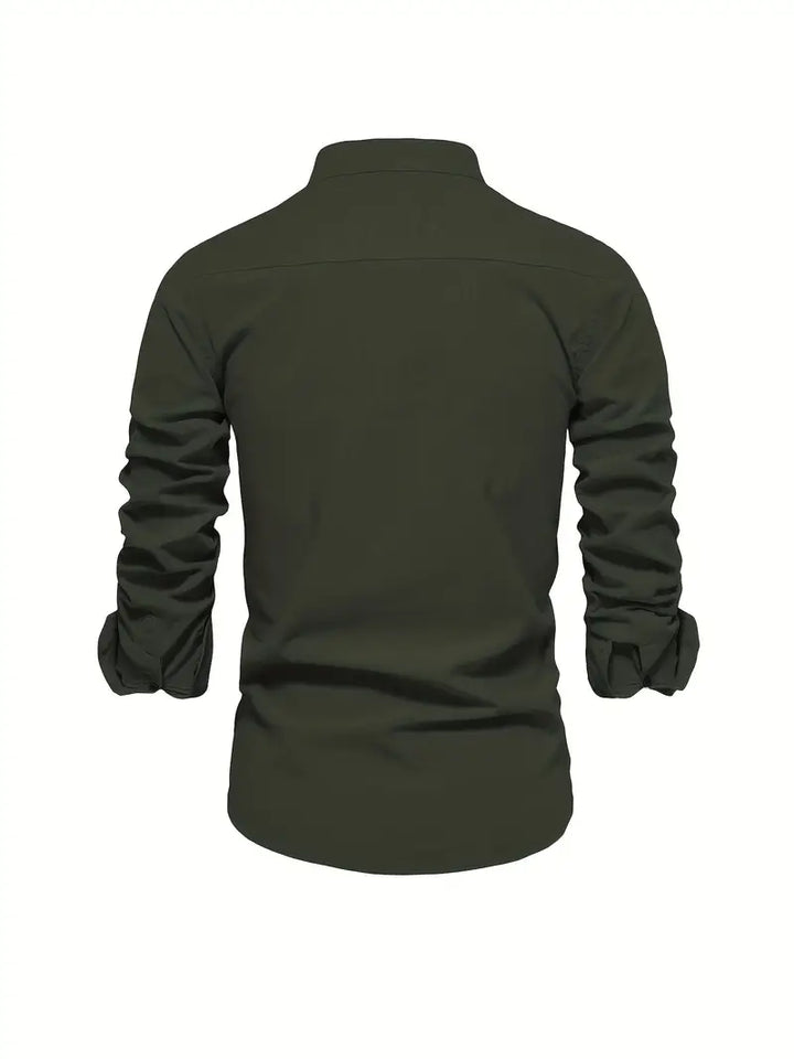 Men's Long Sleeve Button-Front Shirt with Band Collar and Chest Emblem