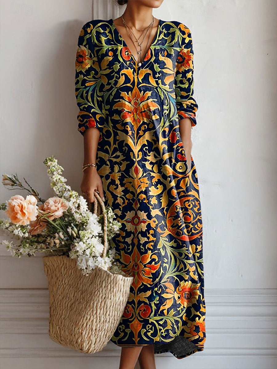 Calla | Women's Boho Baroque Scroll V-Neck Cotton Midi Dress
