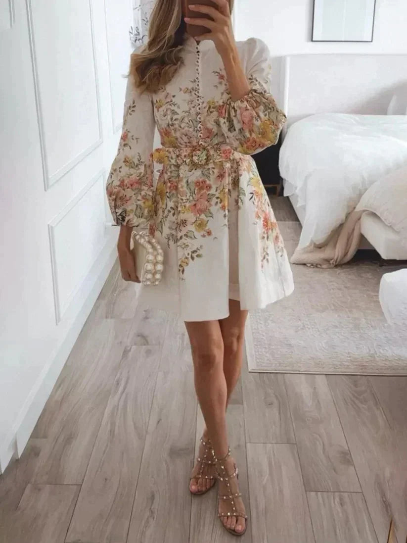 Callie | Women's Floral High Collar Linen Mini Dress