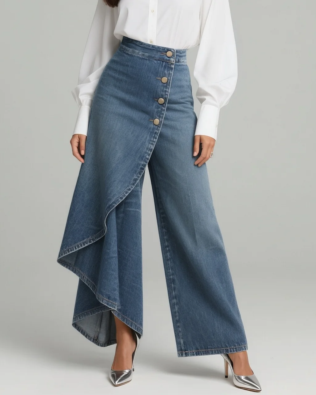 Calvra | Women's High-Waisted Denim Wrap Wide-Leg Trousers