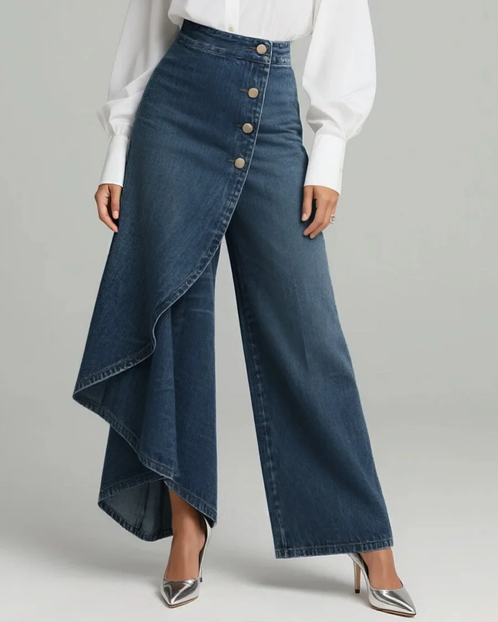 Calvra | Women's High-Waisted Denim Wrap Wide-Leg Trousers