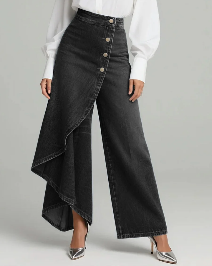 Calvra | Women's High-Waisted Denim Wrap Wide-Leg Trousers