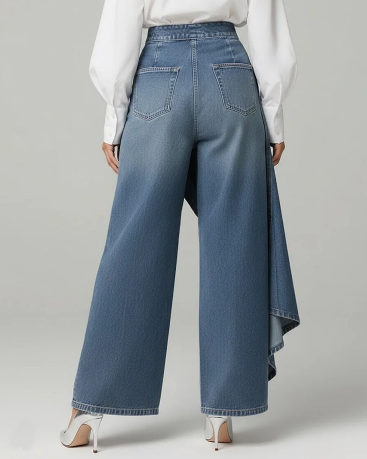 Calvra | Women's High-Waisted Denim Wrap Wide-Leg Trousers