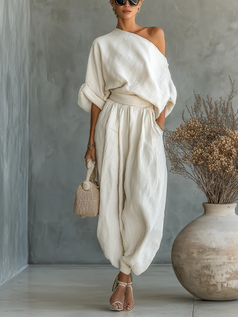 Camila | Women's Off-Shoulder Linen Tapered Two-Piece Set
