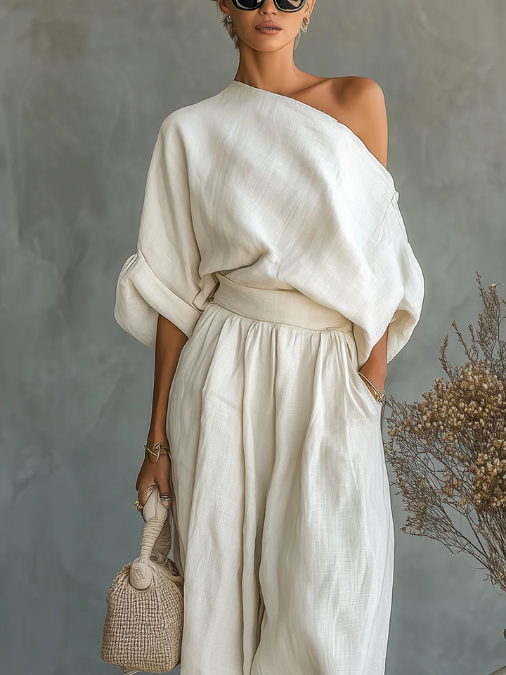 Camila | Women's Off-Shoulder Linen Tapered Two-Piece Set