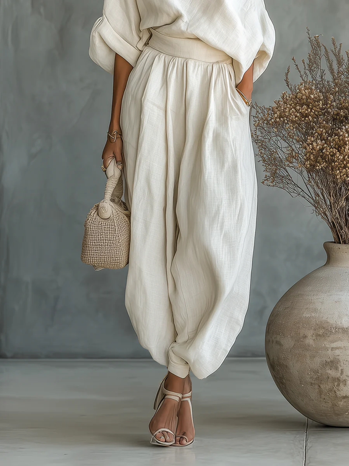Camila | Women's Off-Shoulder Linen Tapered Two-Piece Set