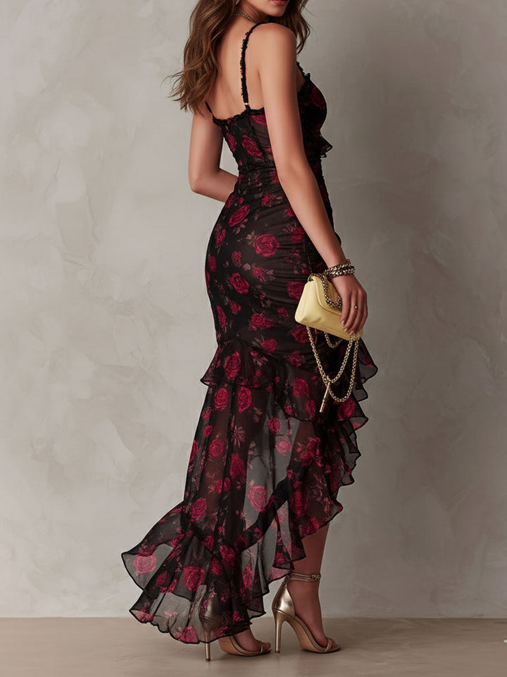 Carmen | Women's Floral Ruched Ruffle-Hem Midi Dress