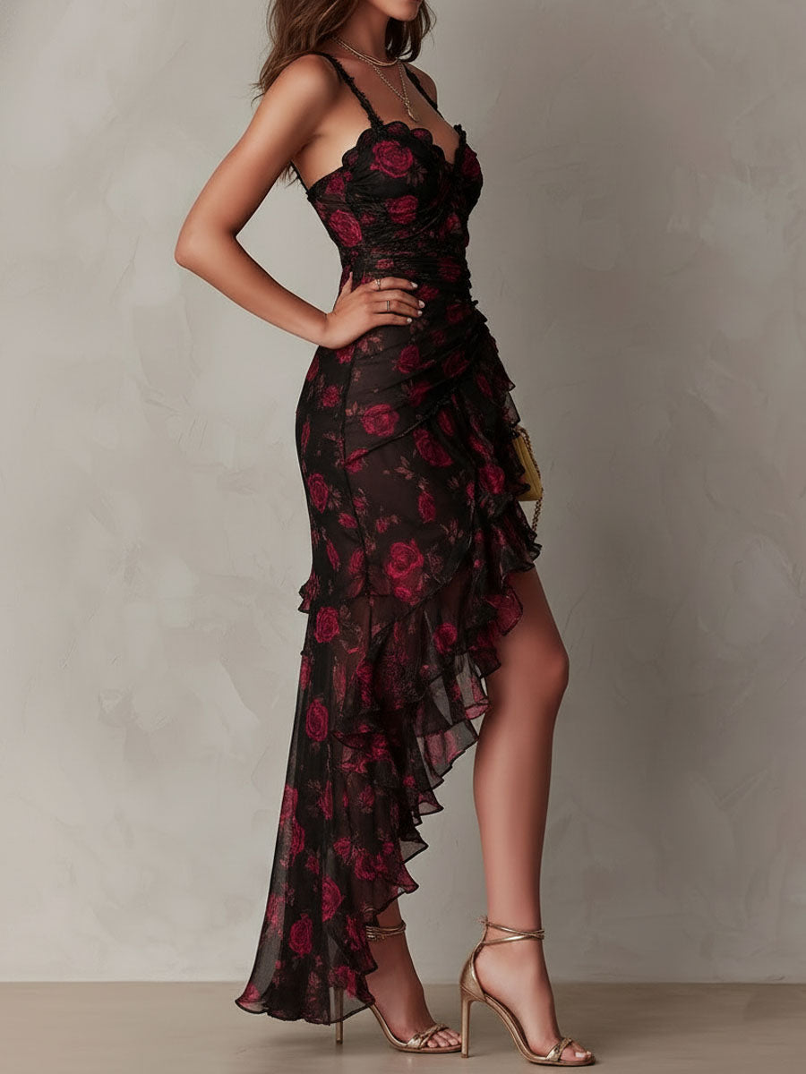 Carmen | Women's Floral Ruched Ruffle-Hem Midi Dress