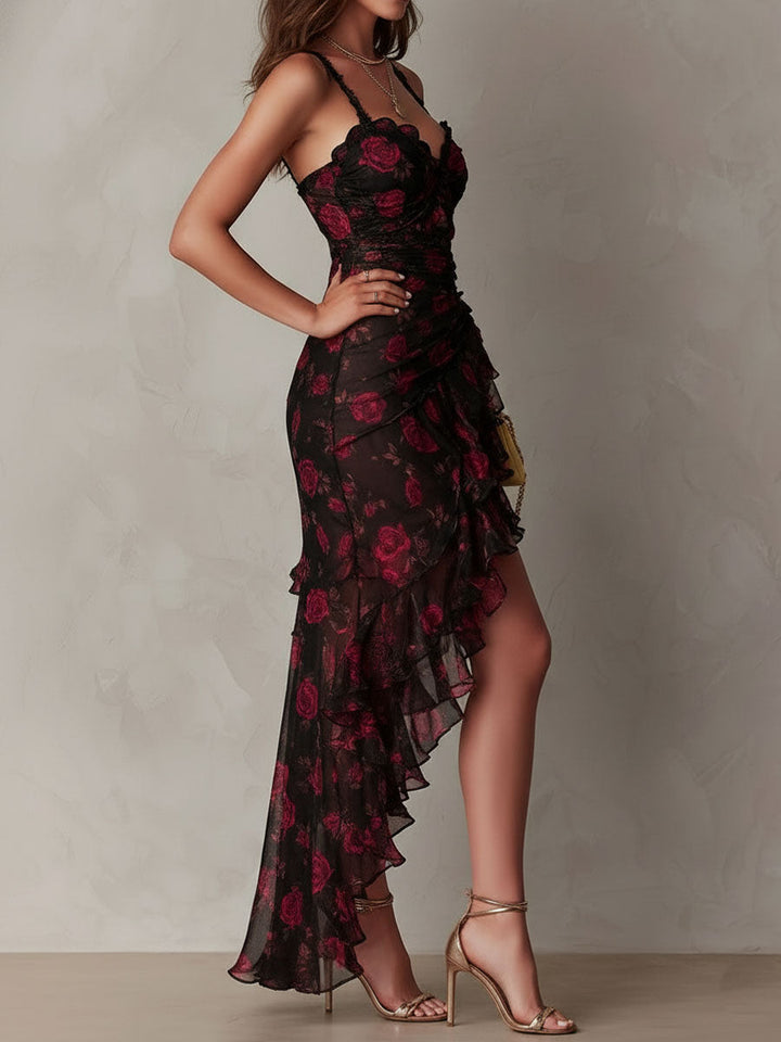 Carmen | Women's Floral Ruched Ruffle-Hem Midi Dress