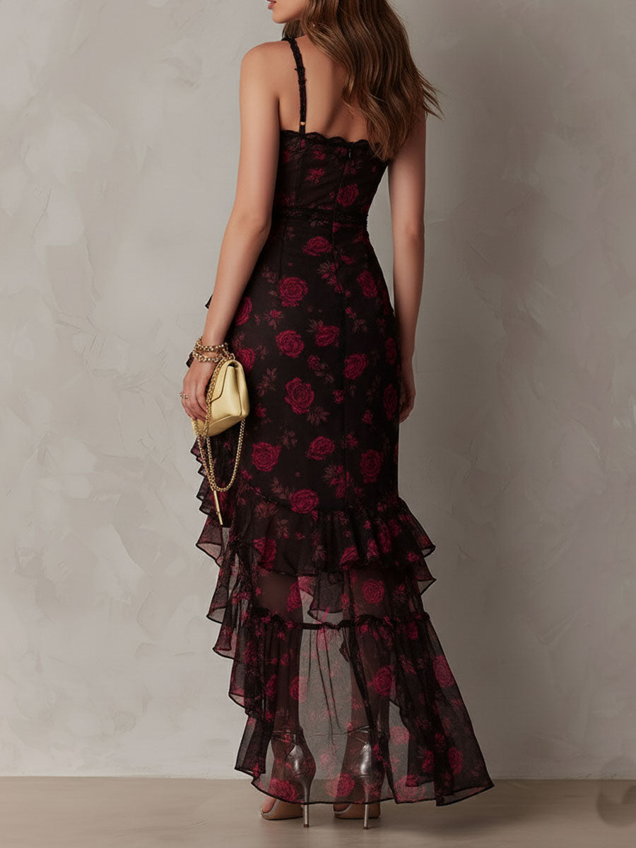 Carmen | Women's Floral Ruched Ruffle-Hem Midi Dress