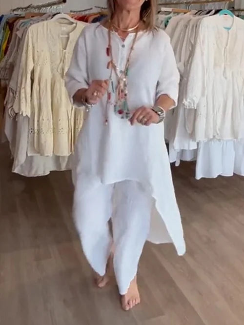 Caroline | Women's Casual Linen Long Sleeve Top and Pants Set