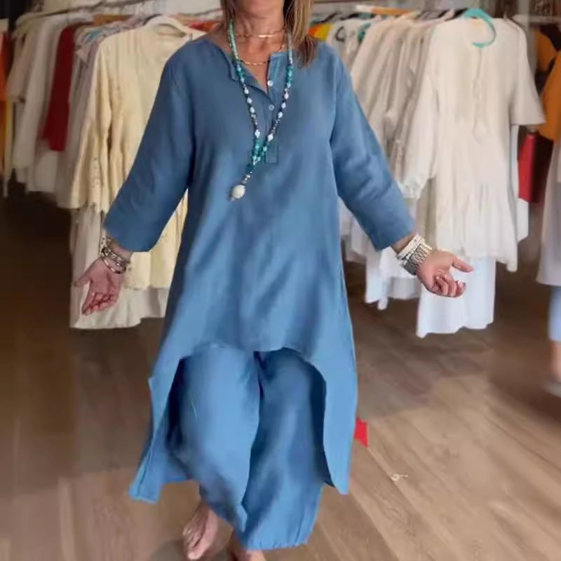 Caroline | Women's Casual Linen Long Sleeve Top and Pants Set