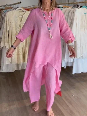 Caroline | Women's Casual Linen Long Sleeve Top and Pants Set