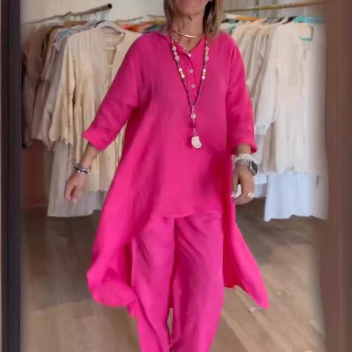 Caroline | Women's Casual Linen Long Sleeve Top and Pants Set